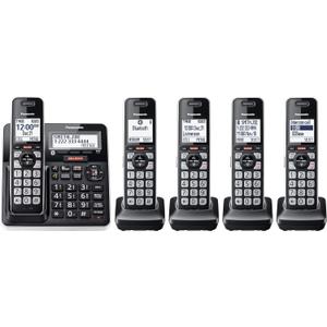 Panasonic Cordless Phone with Advanced Call Block, Link2Cell Bluetooth, One-Ring Scam Alert, and 2-Way Recording, Answering Machine, 5 Handsets - KX-TGF975B (Black/Silver Trim)