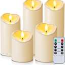 Homemory Outdoor Waterproof Flameless Candles, LED Candles, Battery Operated Candles with Remote and Timers, Electric Fake Plastic Pillar Candles, Dark Ivory, D3 H4 5" 6" 8" 8", Set of 5