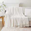 BATTILO HOME Cream Throw Blanket for Couch, Textured Knitted Throw Blanket with Tassels, Couch Cover Blanket Warm Decorative White Throw Blankets for Sofa Living Room, 60" x 80"