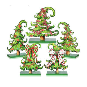Pinkunn 5 Pcs Whimsical Christmas Table Decorations Wooden Lime Green Christmas Tree Table Centerpieces Lime Green Xmas Tree Wood Sign for Home Tabletop Ornament Holiday Xma Party Tiered Tray Decor