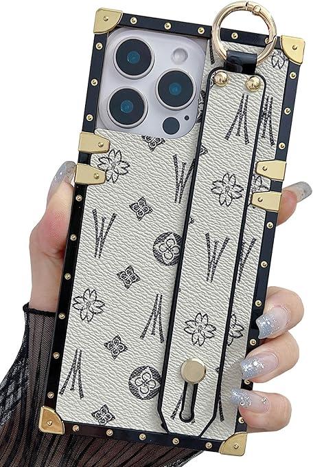Compatible with iPhone 16 Pro Max Case Luxury Designer for Women Girls,Rectangle Leather with Wristband Strap Kickstand Holder Protective Cover for 16 Pro Max - 6.9 inch(White)