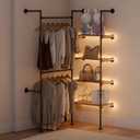 Industrial Pipe Clothes Racks with LED Lights& Shelves, Heavy Duty Adjustable Garment Hanger with Shelves, 2 Installation Methods Closet Storage System for Wardrobe Organization (Black)