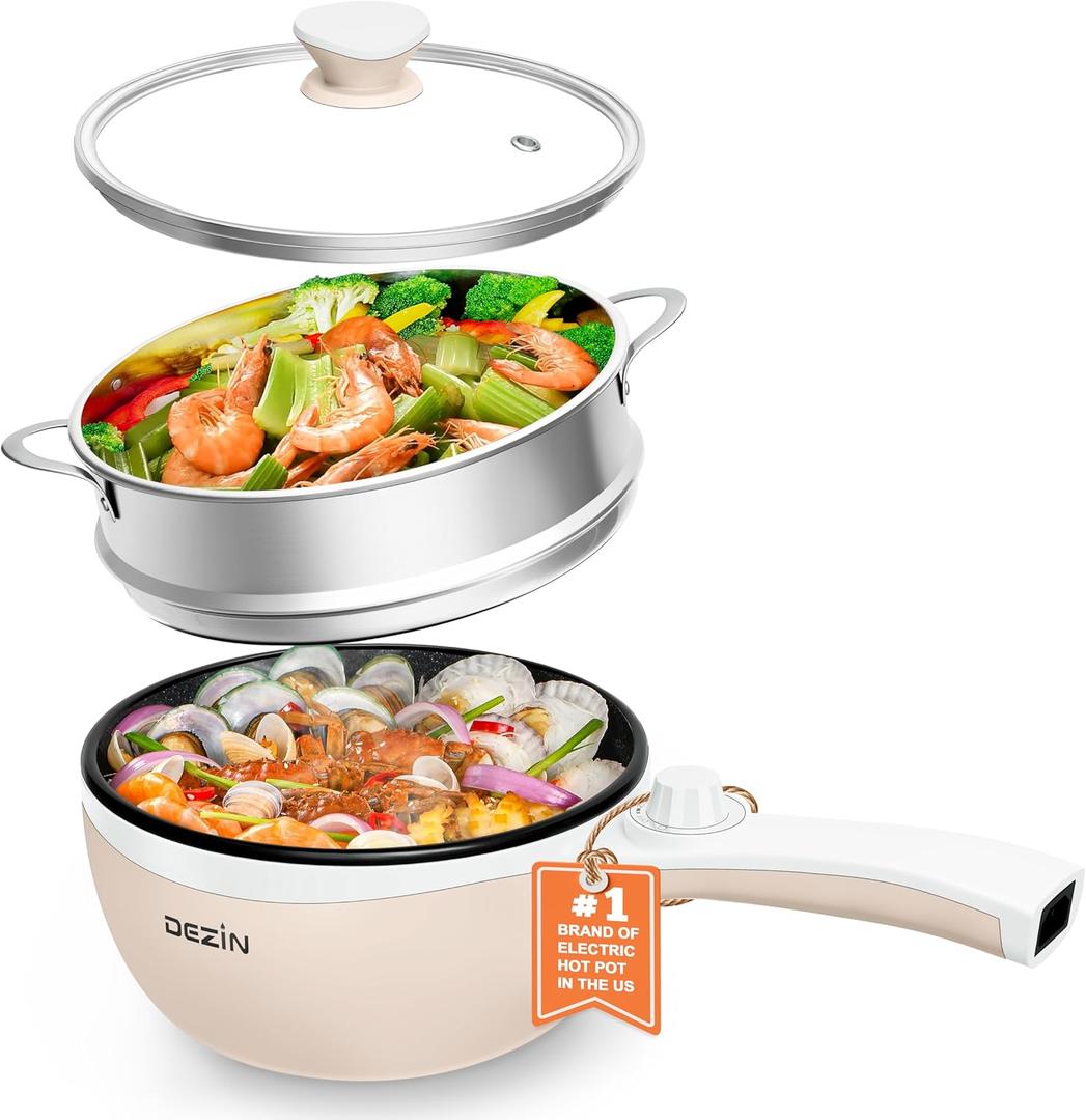 Dezin Hot Pot Electric with Steamer Upgraded, Non-Stick Saut Pan, Rapid Noodles Electric Pot, 1.5L Mini Pot for Steak, Egg, Fried Rice, Ramen, Oatmeal, Soup with Power Adjustment (Beige 2)