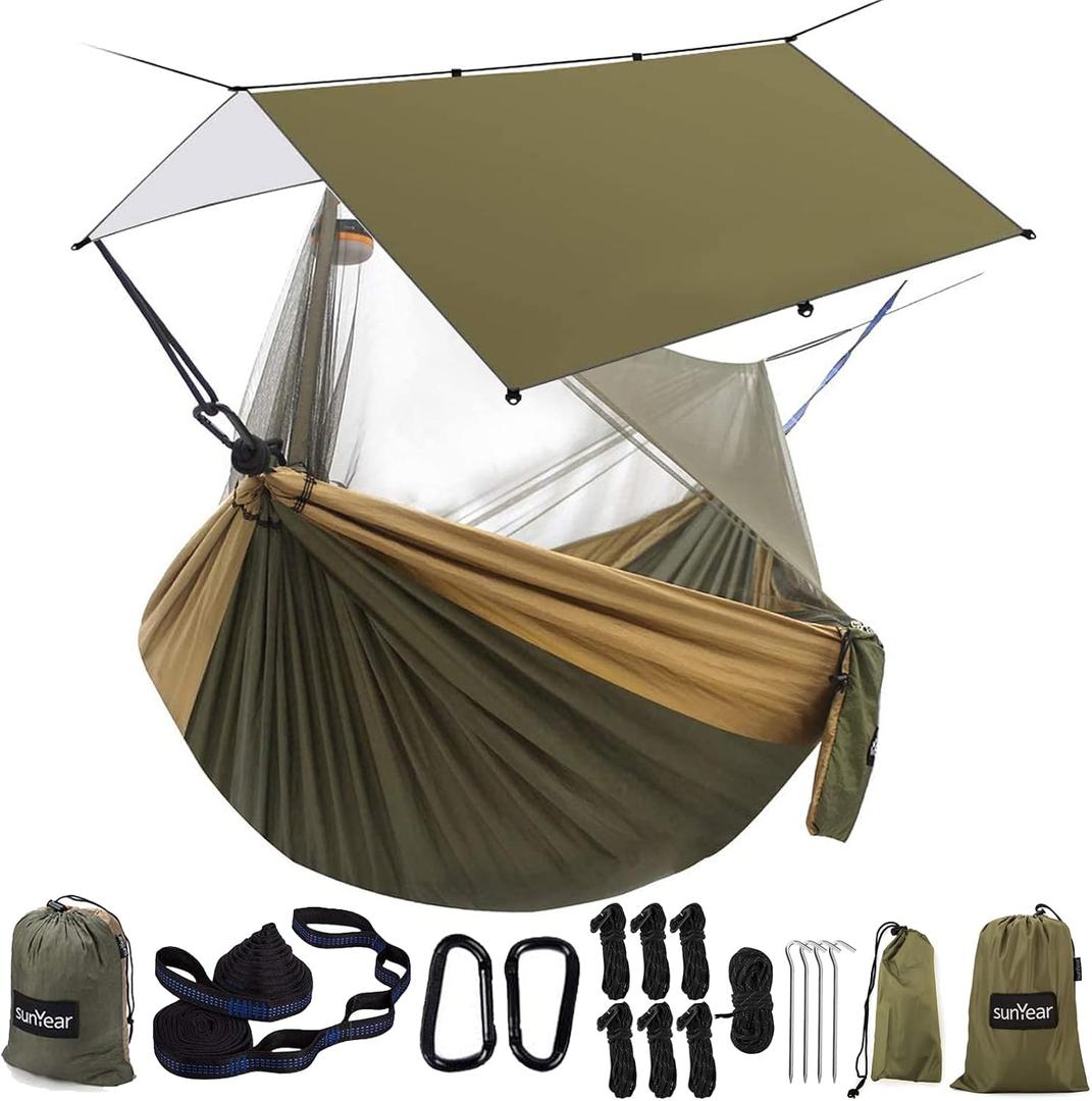 Sunyear Hammock Camping with Rain Fly Tarp and Net, Portable Camping Hammock Double Tree Hammock Outdoor Indoor Backpacking Travel & Survival, 2 Tree Straps,100% Waterproof