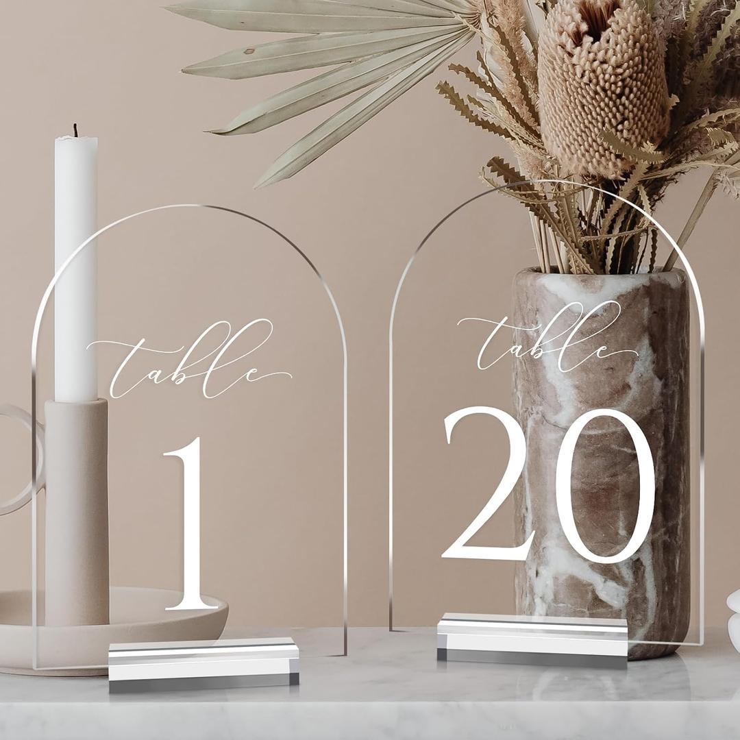 Clear Arch Table Numbers for Wedding, 5x7 Inch Arched Acrylic Table Numbers 1-20 with Stands, Clear Acrylic Arch Sign with Holder for Centerpiece, Reception, Wedding, Party, Event