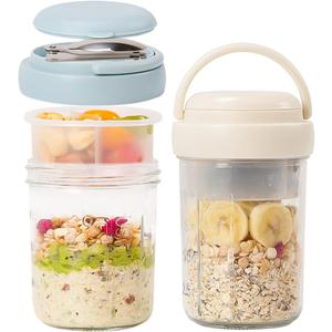 2 Pack Overnight Oats Containers with Lids and Handles, Folding Spoons & Divided Compartments for Fruit & Nuts 16oz Mason Jars for Oatmeal, Yogurt Container Chia Pudding Jars with Lids (Cream/Blue)