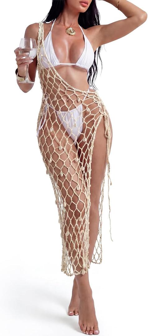 Cutecrop Women Swimsuit Crochet Cover up Dress 2026 Summer Bathing Suit Asymmetric Coverup Beach Tie Wrap Shawl Mermaid Skirt