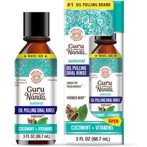 GuruNanda Travel Size CocoMint Oil Pulling Mouthwash, 7 Essential Oils & Vitamins, Promotes Fresh Breath & Happy Gums, No Alcohol & Fluoride, 3 oz