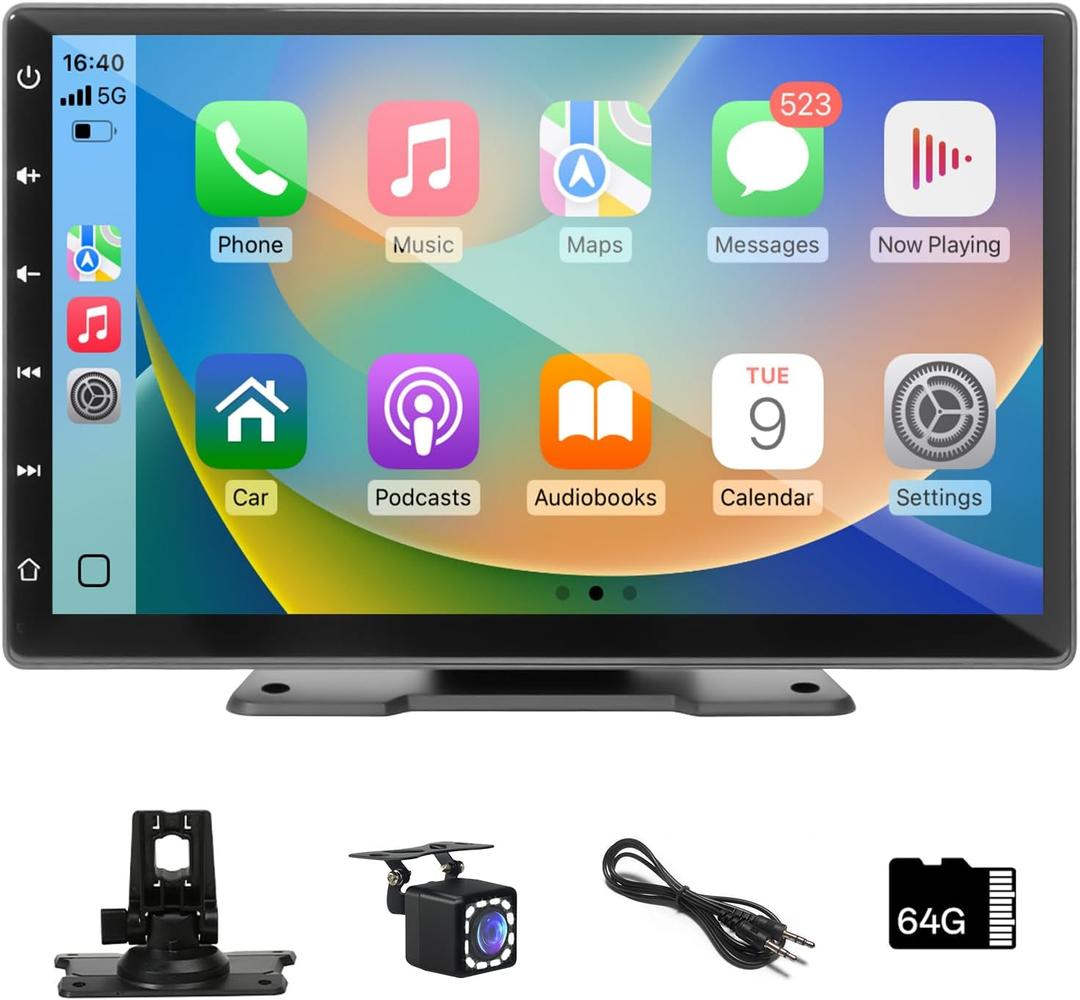 9'' Carplay Screen For Car, Wireless Apple CarPlay & Android Auto,Portable Car Stereo,Universal Fit,Backup Camera,Mirror Link, Bluetooth,Voice Control,Bluetooth,AUX