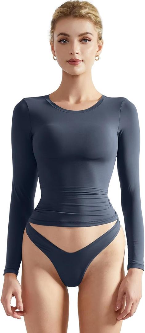 SUUKSESS Women Double Lined Fitted Basic T Shirts Crew Neck Long Sleeve Crop Top (Medium, Navy)