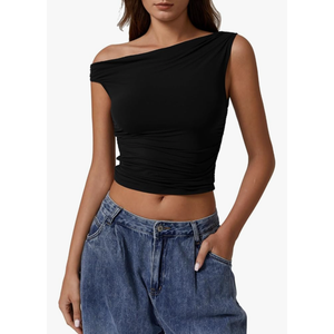 SHEIN Womens One Shoulder Sleeveless Basic Top Double Lined Slim Fit T Shirt Cropped Tee, Large