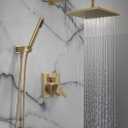 Delta Modern 14 Series Square Rain Shower System Faucet Set, Rainfall Brushed Gold Shower Head and Handle Set, Valve Trim Kit, 10 Inch, Champagne Bronze 342701-CZ