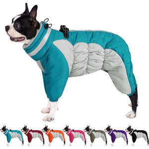 AOFITEE Fullbody Dog Coat Warm Fleece Dog Jacket, Windproof Dogs Winter Coat with Harness Built in, Reflective Turtleneck Dogs Snowsuit Puffer Jacket, Four Legged Snow Suit for Small Medium Large Pet (Turquoise), Size L