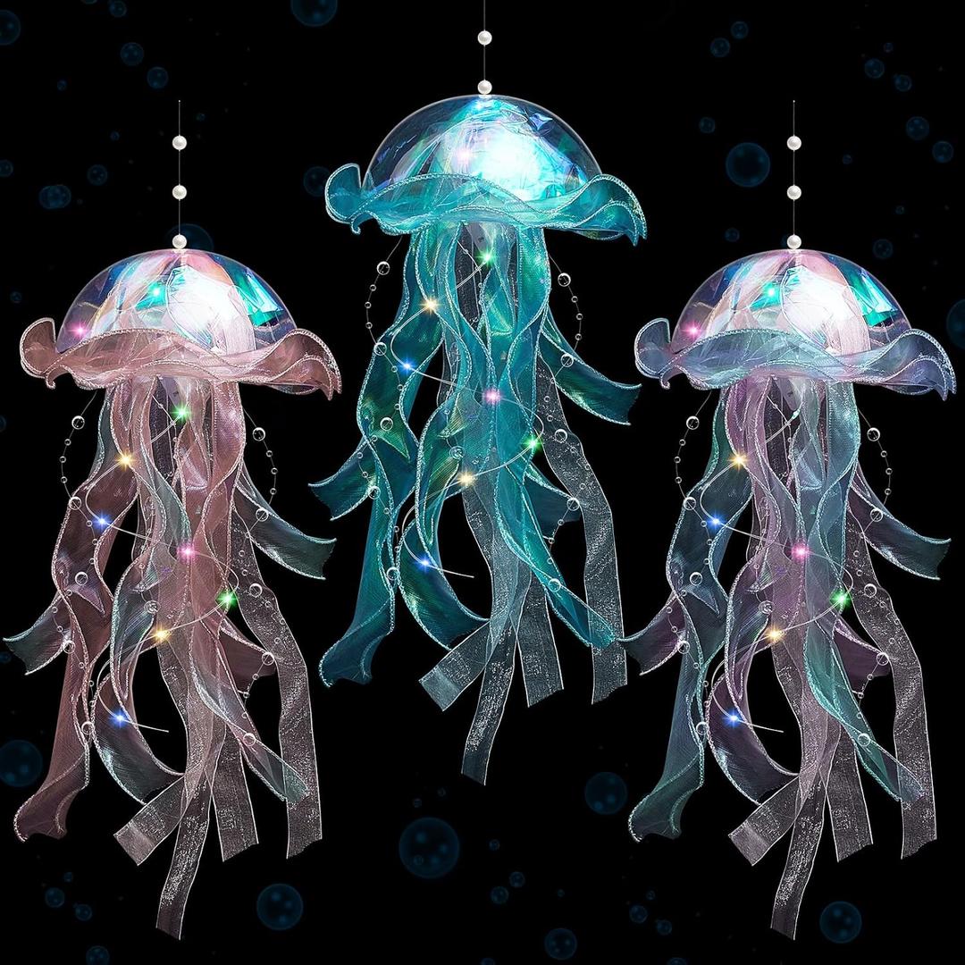 3 Pcs Jellyfish Lamp Colorful Jelly Fish Light Hanging Jellyfish Decorations LED Lantern for Birthday Under Sea Mermaid Wedding Decor(Blue, Purple, Pink)