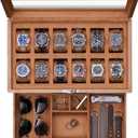 ROTHWELL 12-Slot Solid Walnut Watch Box with Valet Drawer - Premium Jewelry Display Case Organizer with Locking Glass Top and Microsuede Liner for Men & Women (Tan Interior)