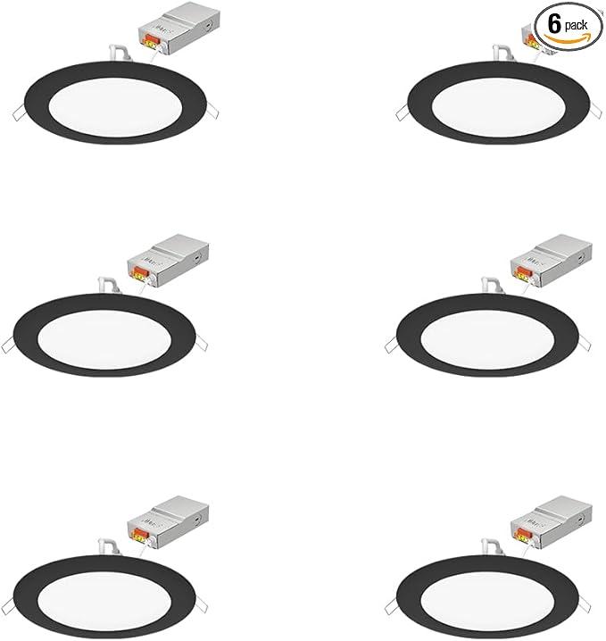 Juno LED Recessed Lights 6 Inch Round Wafer Downlight, 5-in-1 Switchable White Color Temperature, 120 Volts, 6-Inch Ultra-Thin Flat Trim, Matte Black, 6-Pack (WF6 SWW5 90CRI CP6 MB M2)