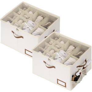 StorageWorks Shoe Organizer for Closet, 2 Pack Shoe Storage Boxes with Clear Lid, Stackable Shoe Storage Organizer for Sandals and Slippers, Fabric Shoe Bins for Closet, Holds 1632 Pairs, Beige