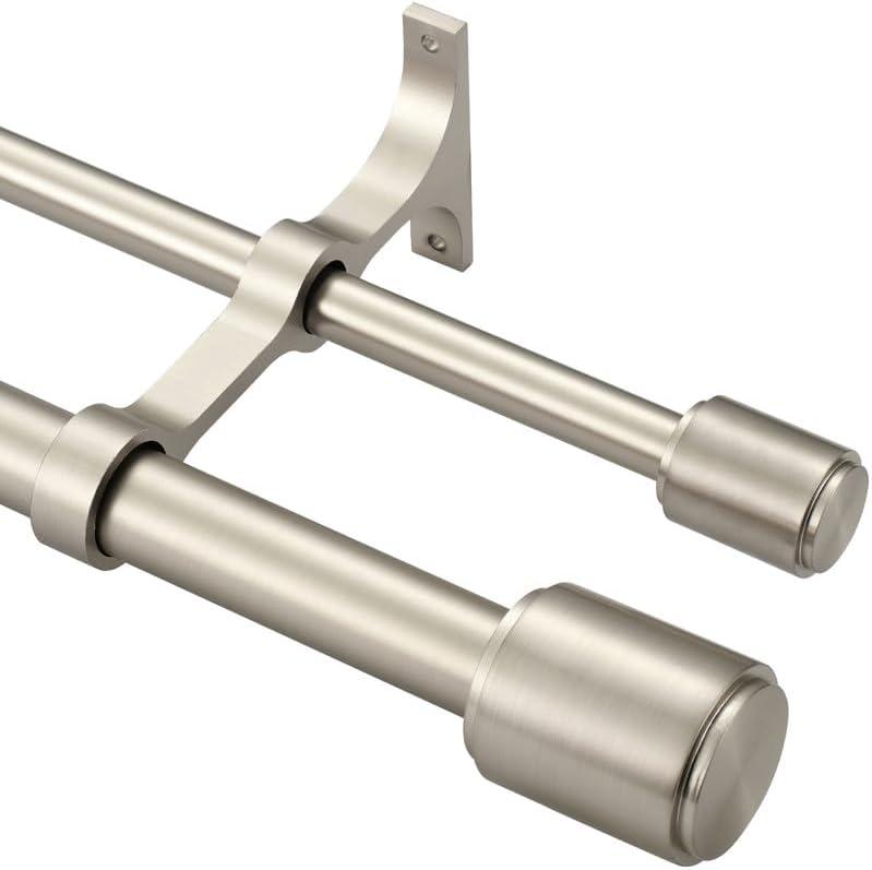 Brushed Nickel Double Curtain Rods 144-164", Double Curtain Rods with Cap Finials, 1 Inch Front and 5/8 Inch Back Double Drapery Rod, Adjustable Dual Curtain Rod Brushed Nickel Double Window Rods