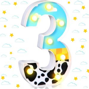 Rossesay Toy Inspired Birthday Party Supplies LED Light up Number Cartoon Party Decoration Cow Print Blue Sky White Cloud Marquee Glowing Number Sign for Kids 3rd Birthday Party (Number 3)