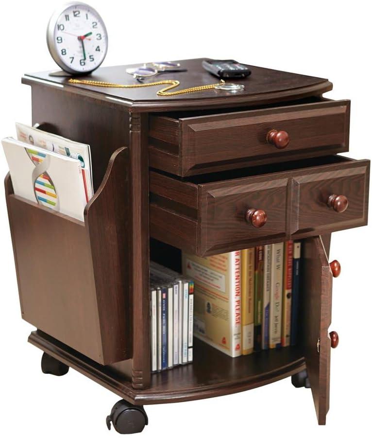 Collections Etc Multi Storage Mahogany Finish Companion Side Table with Rolling Wheels