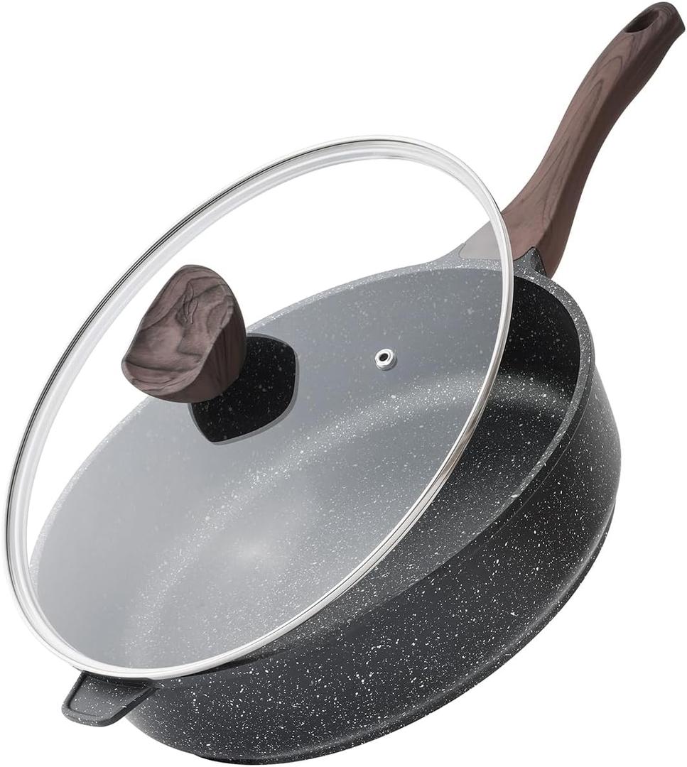 Nonstick Deep Frying Pan with Lid, 12 Inch Large Skillet, 5 Qt Non Stick Saute Pan for Cooking, Healthy Induction Cookware, PFOA Free (Classic Granite)