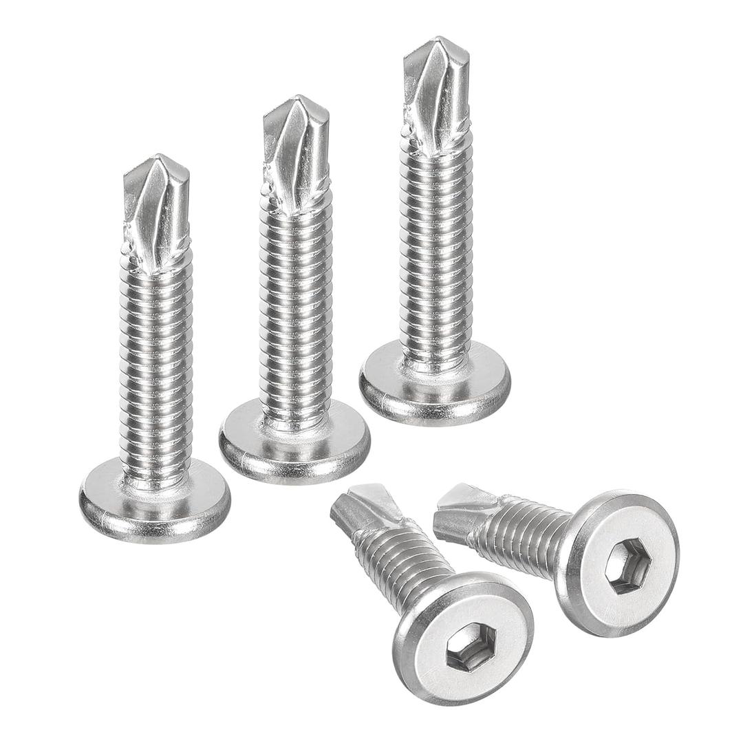 uxcell Hex Socket Self Tapping Screws, 1/4 x 1-1/4" 410 Stainless Steel Sheet Metal Flat Head Drilling Screw 100pcs, Silver