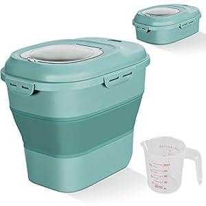 Cereal Rice Food Storage Containers, Collapsible 20 to 50 Lbs Dispenser Bin with Rolling Wheel Airtight Locking Lid, Dog Pet Cat Flour Sugar Plastic Leakproof Sealable Large Kitchen Pantry Holder (White)