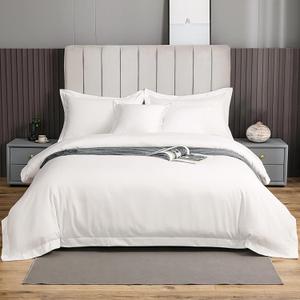 eBeddy Linens Egyptian Cotton Super King Plus 120x120 Size White Duvet Cover Set with Zipper Closer & 7 Corner Ties Soft Cozy 1 Comforter Cover and 2 Pillow Shams Durable Stitch, White Solid