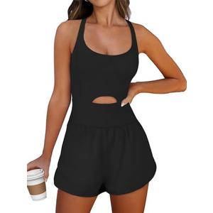 Caracilia Women's Workout Athletic Romper Summer Sets Short Jumpsuits Onesie Running Outfits Exercise Gym 2025 Trendy Clothes,(Black, Large)