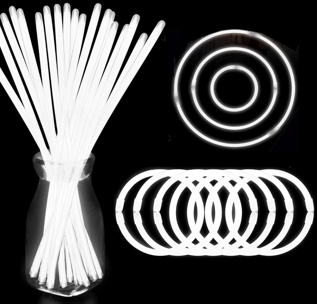 White Glow Sticks Bulk Light Up Bracelet Glow Necklaces with Connectors 50ct 8" Glowsticks Neon Party Favors for Christmas New Year Valentine's Day 4th of July Wedding Birthday Carnival