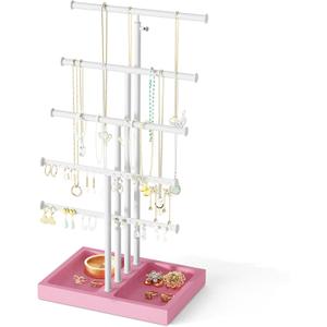Love-KANKEI Jewelry Organizer Stand, 5 Tier Large Necklace Holder with Wood Base, Jewelry holder stand Tree for Display, Bracelets Earrings Rings, Height Adjustable Gift Pink and White