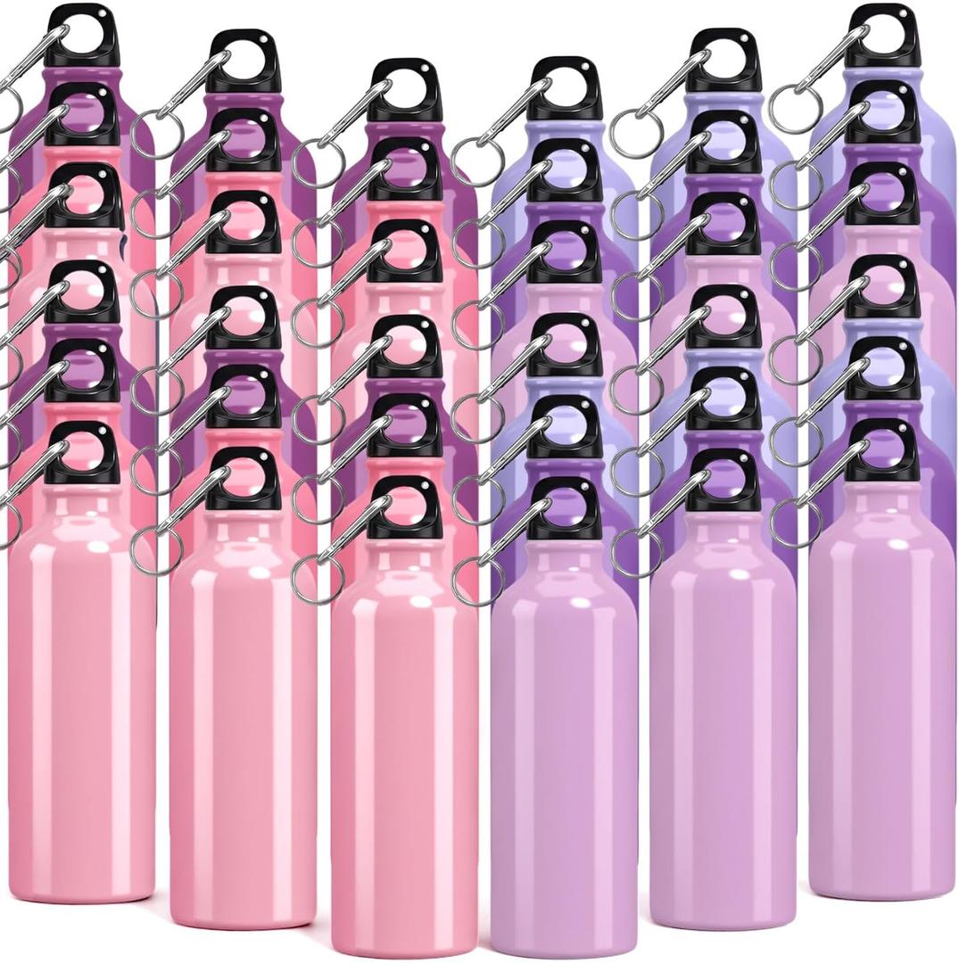 Yaomiao 36 Pcs Lightweight Aluminum Water Bottle Bulk 17 oz Leak Proof Bike Water Sports Bottles with Buckle and Twist Cap Team Reusable for Sports Gym Bicycle Camping(Pink Tones)