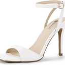 IDIFU IN4 High Stiletto Heels Square Peep Open Toe Strappy Heeled Sandals Wedding Bridal Prom Party Evening Dress Shoes for Women Comfortable Dressy Cute Sexy Ankle Strap Heels (7, White Pu)