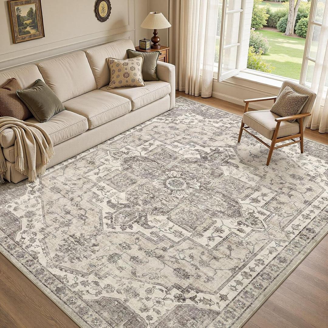 UERMEI 9x12 Area Rug for Living Room Washable Vintage Non Slip Beige Carpet