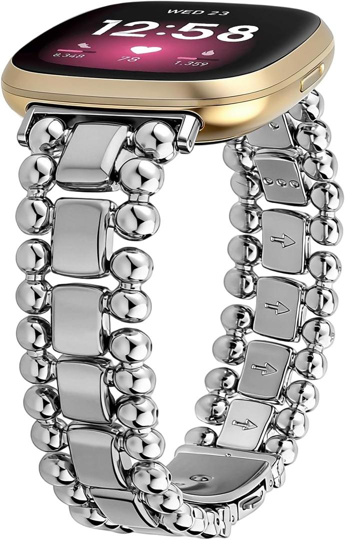Beaded Bracelet Compatible for Fitbit Versa 4/Sense 2/Versa 3/Sense Band, Dressy Fancy Metal Elegant Jewelry Strap for Fitbit Smartwatch