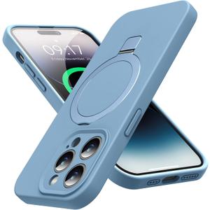 MagRing Designed for iPhone 14 Pro Max Case, Liquid Silicone [Moisturizing Factor] Extreme Soft Slim Phone Case with Stand [Compatible with MagSafe]for 14 Promax 6.7 inch Men Women, Mint Blue