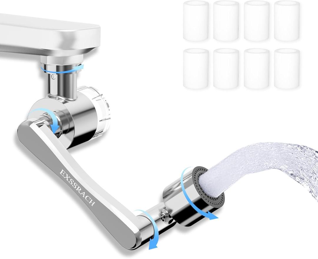 1080 Rotating Faucet Extender with Filter Cotton, Brass Multifunctional Swivel Extension Robotic Arm Sink Aerator for Kitchen/Bathroom, 2 Water Outlet Modes, Silver