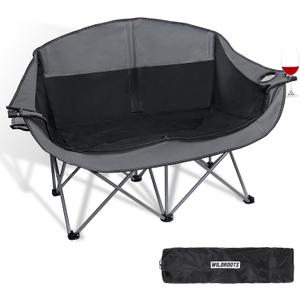 WILDROOTS Outdoor Folding Double Camping Chair Adults 2 Person,Heavy Duty 600 LBS Loveseat with 2 Cup Holder,Portable Carry Bag Included for Camping,Lawn,Backyard,Movie, 54.33x20.9x36.2in