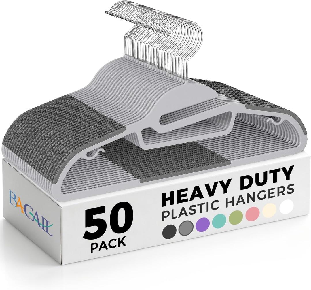 BAGAIL Plastic Hangers 50 Pack with Non-Slip Design,0.2 Inches Thick, 360Â°Swivel Hook Space Saving Organizer for Bedroom Closet, Shirts, Pants(Grey- S Shaped)
