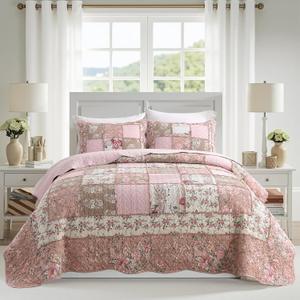 NEWLAKE Quilt Set Queen Size, Cotton Patchwork Pink Floral Quilt Sets, Real Stitched Embroidery Bedspread Lightweight and Breathable for All Seasons, Soft Quilted with 2 Pillow Shams