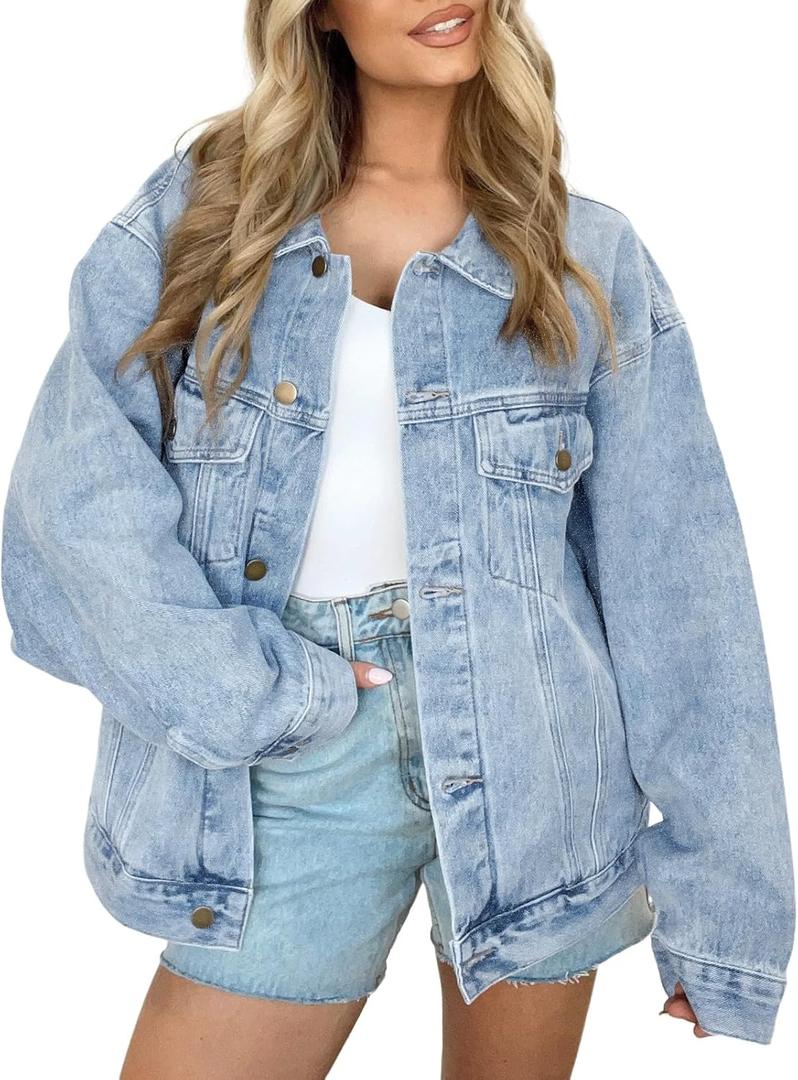 AUTOMET Women's Oversized Jeans Jacket, Classic Button Down Denim Jacket with Chest Pockets, Loose Fit Boyfriend Style Coat (Blue, S)