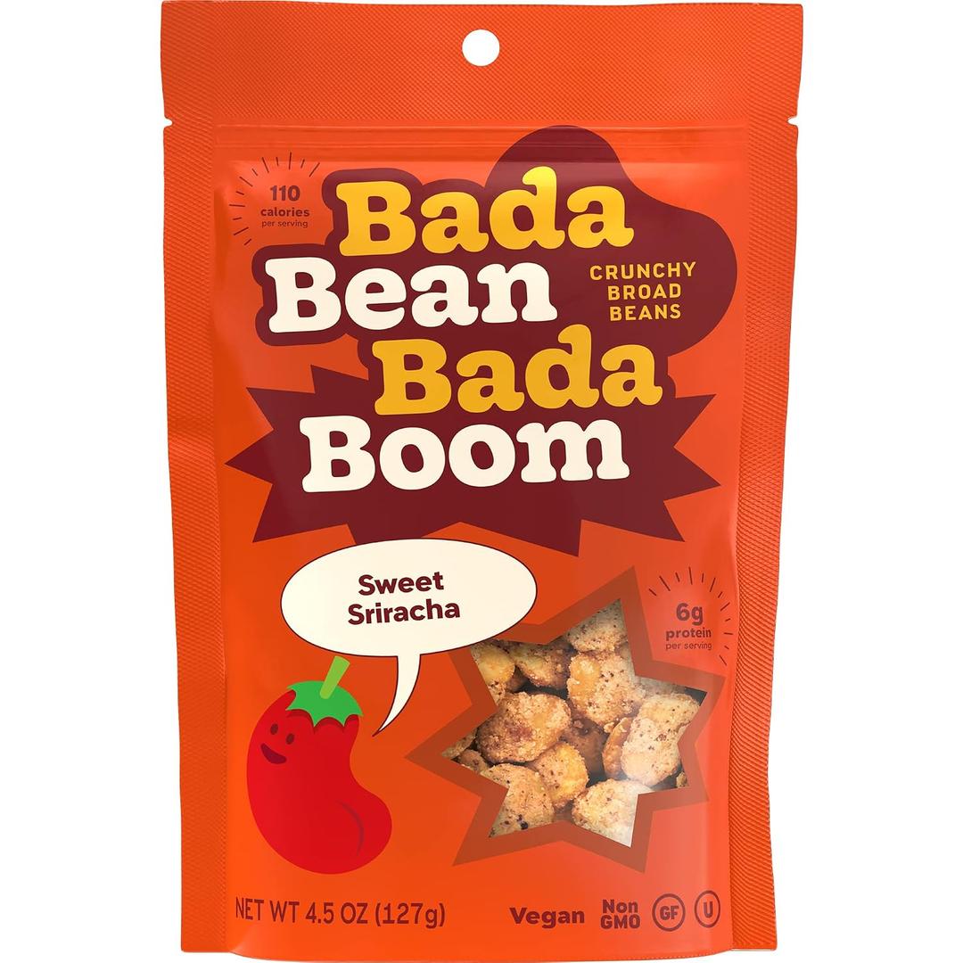 Bada Bean Bada Boom - Plant-Based Protein, Gluten Free, Vegan, Crunchy Roasted Broad (Fava) Bean Snacks, 110 Calories per Serving, Sweet Sriracha, 4.5 Ounce (Pack of 6) (EXP 01/26/27)