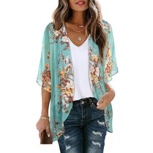 Women's Floral Print Puff Sleeve Kimono Cardigan Loose Cover Up Casual Blouse Tops (Medium, Aqua Blue)