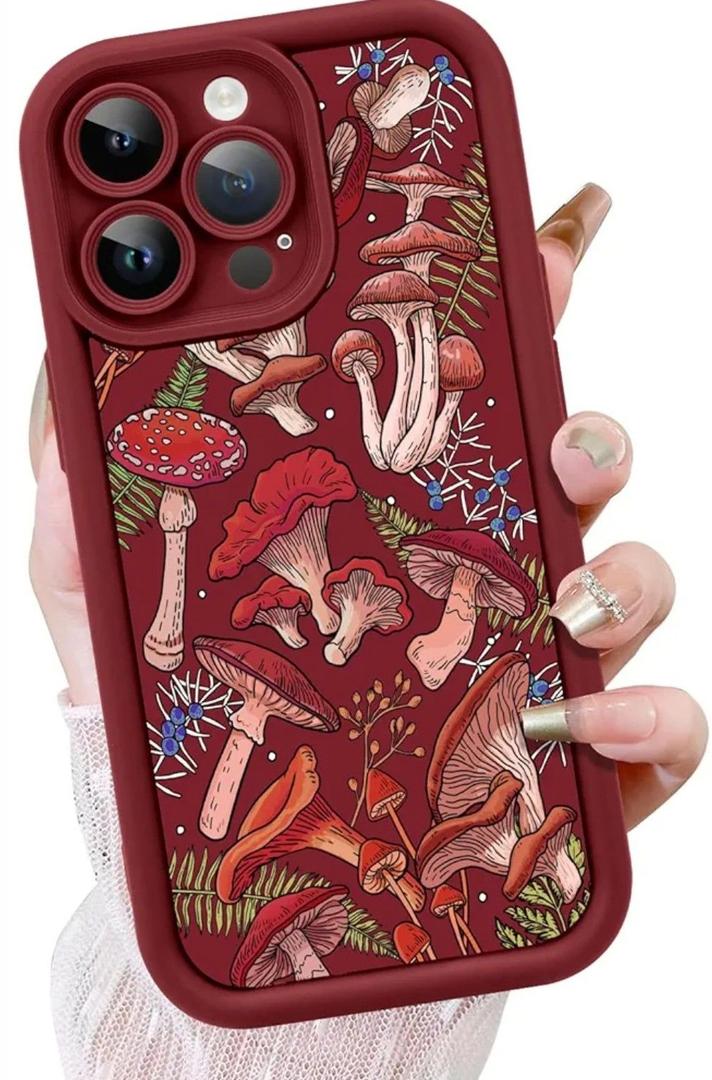 KANGHAR Case for iPhone 14 Pro Max Case, Cute Mushroom Art Design Soft TPU Shockproof Protective for Women Girls Slim Phone Cover-Wine Red