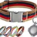 ADITYNA Cotton Dog Collar with AirTag Holder - Heavy-Duty Metal Buckle, Breathable, Easy Adjustable for Medium & Large Breeds - for Walking, Training (Vintage Stripes, Fits 15-21" Necks)