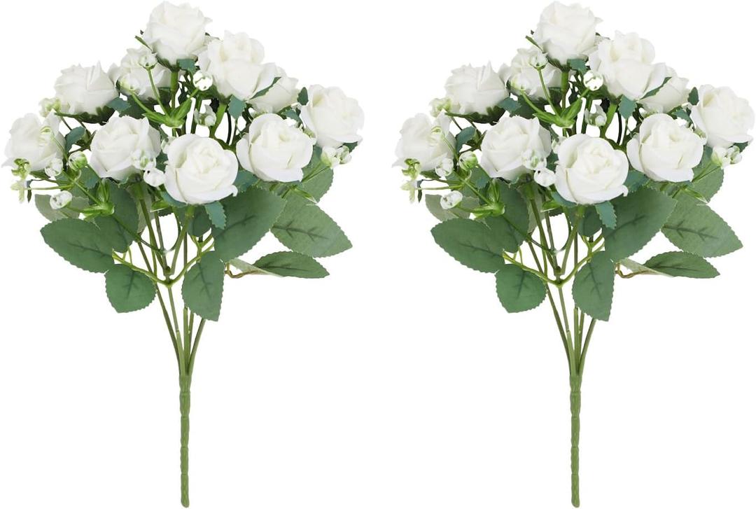 2 x Artificial Flowers, Fake Roses Artificial Flowers Bulk with Stems, Artificial Flower Bouquet Bulk Fake Flowers for Home| Wedding| Party Decor (White)