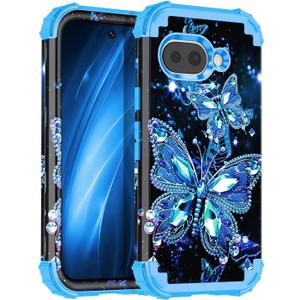 2 x Miqala for Google Pixel 9a Case,Glow in The Dark Three Layer Heavy Duty Shockproof Full Body Protection Hard Plastic Bumper+Soft Silicone Case for Google Pixel 9a,Deep Blue