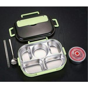 Bento Box, Stainless Steel Lunch Box,4Grid Portable Bento Box,Food Storage Container for Adult,The Lid Contains Spoons and Chopsticks(Green)