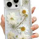 LSEEKA for iPhone 16 Pro Clear Case with Pressed Real Flowers Design, Glitter Cute White Floral Pattern Slim Soft TPU Protective Women Girl's Phone Cover, White Gold