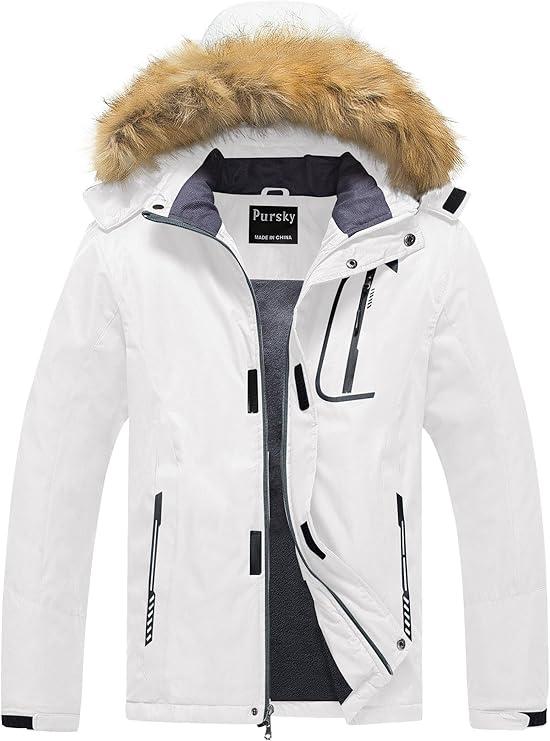 Pursky Men's Waterproof Ski Jacket Winter Snow Coats Fur Hooded Raincoats Parka,S